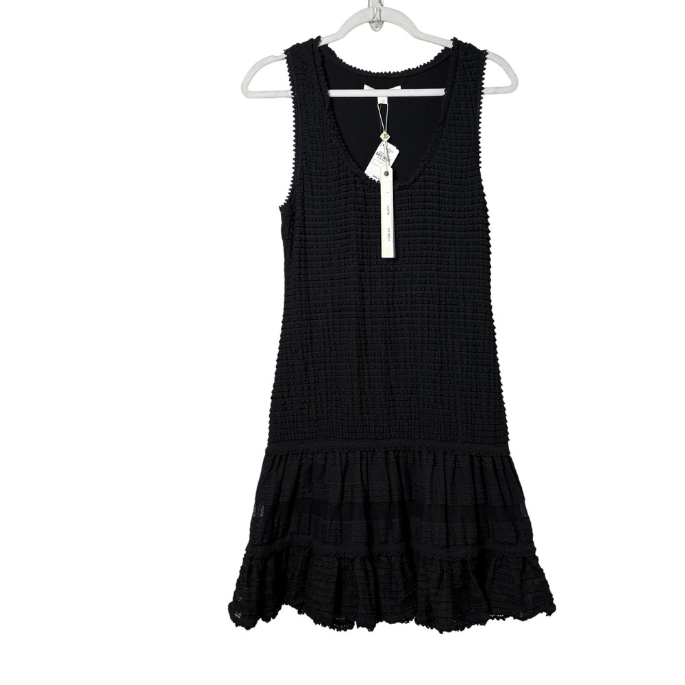 Jonathan Simkhai Mini Dress Women L Black Smocked Tiered Ruffle V1096-SW